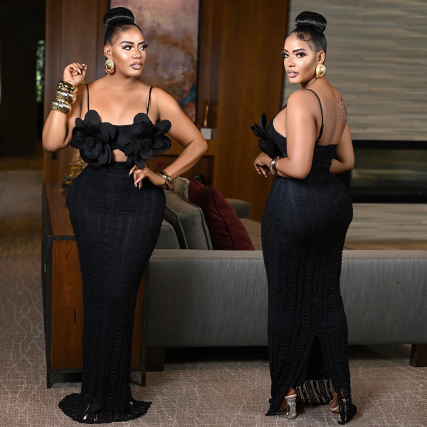 SC Lace Chest Flower Backless Suspender Maxi Dress BY-7513