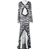 SC Zebra Pattern Hollowed Out Pleated Maxi Dress MXBF-J25DS204