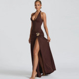 SC Solid Color Pleated Split Maxi Dress GYME-K25D73993