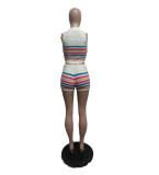SC Stripe Print Lapel Knits Two Piece Shorts Set QXTF-83036