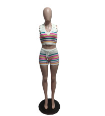 SC Stripe Print Lapel Knits Two Piece Shorts Set QXTF-83036