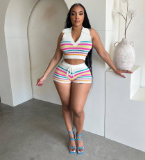 SC Stripe Print Lapel Knits Two Piece Shorts Set QXTF-83036