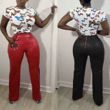 SC Solid Color Loose Wide Leg Leather Pants BN-313