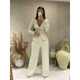 SC Jacquard Pleated V-neck Wide Leg Pants Set ASL-6807