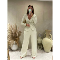 SC Jacquard Pleated V-neck Wide Leg Pants Set ASL-6807