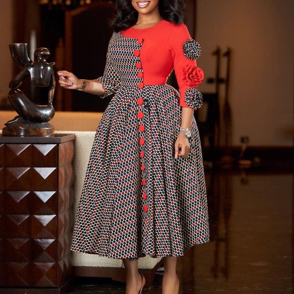 SC Plus Size 4/3 Sleeve Print Patchwork Midi Dress GATE-598