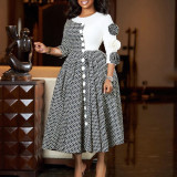 SC Plus Size 4/3 Sleeve Print Patchwork Midi Dress GATE-598