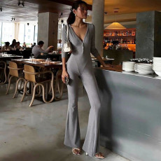 SC Solid Color V Neck Tight Flare Jumpsuit GYME-K25Q78481