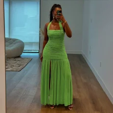 SC Halterneck Pleated Solid Maxi Dress GSLF-K25D79428