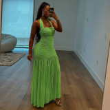 SC Halterneck Pleated Solid Maxi Dress GSLF-K25D79428