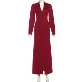 SC Long Sleeve Solid Color Split Maxi Dress GZJQ-K25D80722