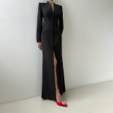 SC Long Sleeve Solid Color Split Maxi Dress GZJQ-K25D80722