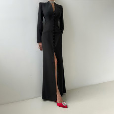 SC Long Sleeve Solid Color Split Maxi Dress GZJQ-K25D80722