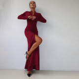SC Long Sleeve Solid Color Split Maxi Dress GZJQ-K25D80722