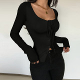 SC Long Sleeve U Neck Tie Up T Shirts GNZD-060174TBZ