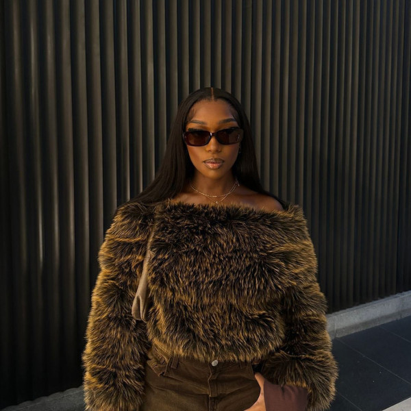 SC Solid Color Furry Slash Shoulder Tops GZJQ-K25L80560