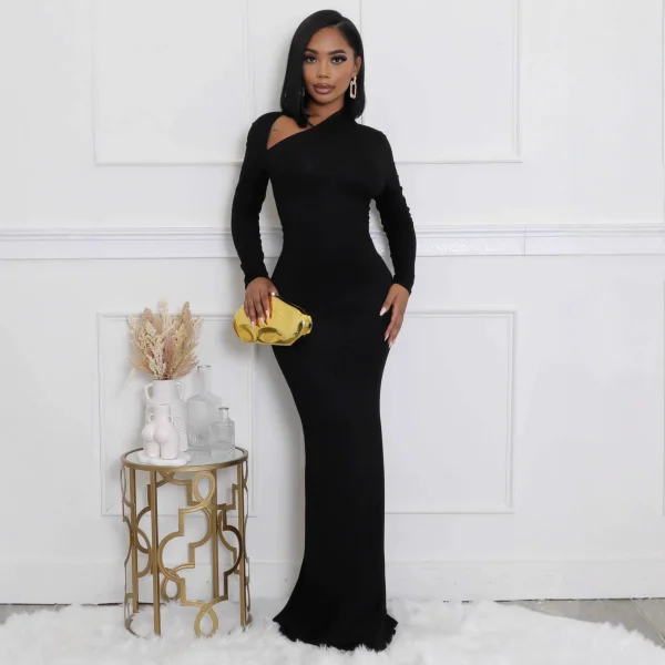 SC Solid Color Slash Shoulder Fishtail Dress QHMD-3088