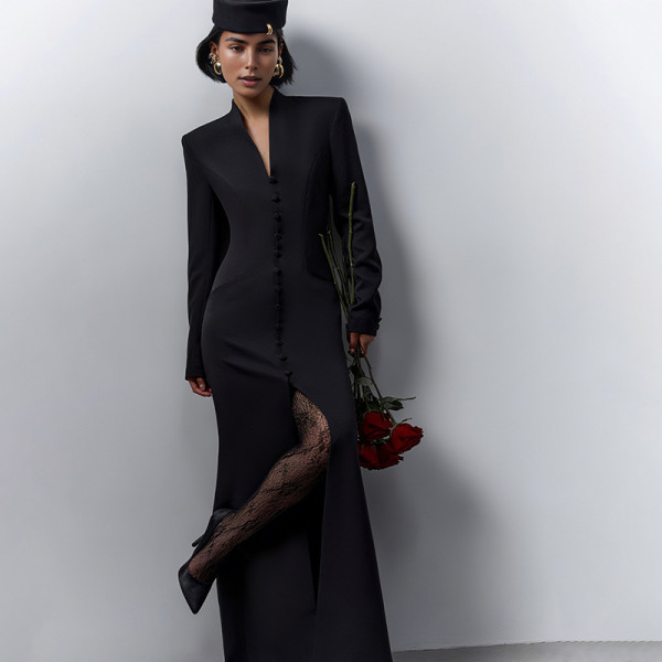 SC Long Sleeve Solid Color Split Maxi Dress GZJQ-K25D80722