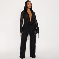 C SDeep V Neck See Through Micro Flare Pants Suit MXBF-J25ST273