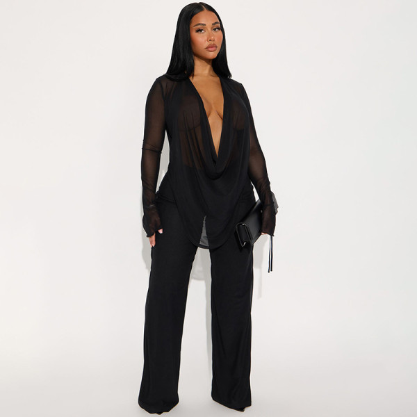 C SDeep V Neck See Through Micro Flare Pants Suit MXBF-J25ST273