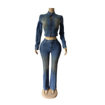 SC Fashion Denim Zipper Coat Two Piece Pants Set MEM-88662