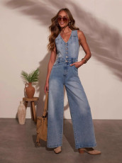 SC V Neck Sleeveless Denim Jumpsuit GSMF-ZC18604