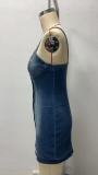 SC Sexy Sling Single-breasted Denim Mini Dress GSMF-ZC13640#