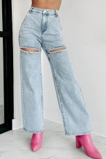 SC Chain Holes Washed Straight Jeans GSMF-ZC2025-2