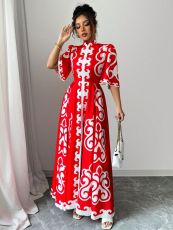 SC Red Cheongsam Loose Floral Maxi Dress GRNH-28769