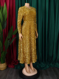 SC Plus Size Solid Color Sequin Long Sleeve Midi Dress GATE-469