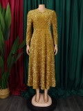 SC Plus Size Solid Color Sequin Long Sleeve Midi Dress GATE-469
