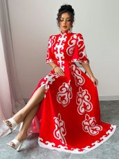SC Red Cheongsam Loose Floral Maxi Dress GRNH-28769