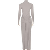 SC Long Sleeve Pleated Slim Maxi Dress GYME-K25D81046