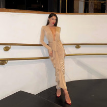 SC Deep V Neck Pleated Maxi Dress XEF-K25D79813