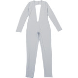SC Deep V Neck Long Sleeve Solid Color Jumpsuit XEF-K25Q80024
