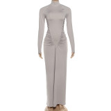 SC Long Sleeve Pleated Slim Maxi Dress GYME-K25D81046