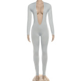SC Deep V Neck Long Sleeve Solid Color Jumpsuit XEF-K25Q80024