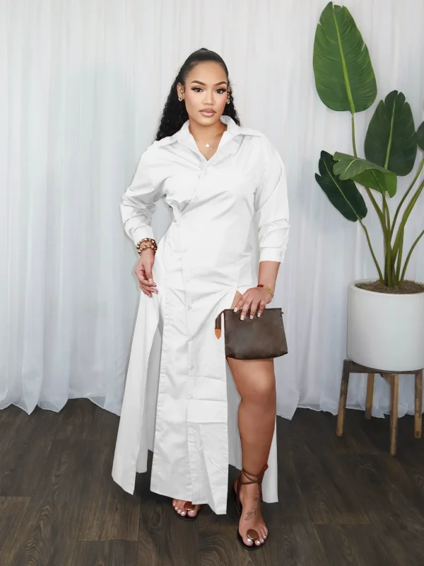 SC Solid Color Long Sleeve Split Shirt Dress  SFY-782
