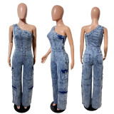 SC Single Shoulder Washed Loose Denim Jumpsuit LX-3583