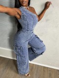 SC Single Shoulder Washed Loose Denim Jumpsuit LX-3583
