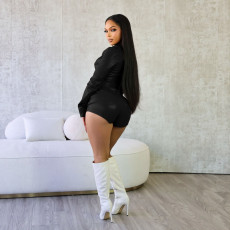 SC PU Leather Zipper Coat Two Piece Shorts Set YS-2506