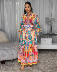 SC Colorful Printed Casual Belt Long Dress XHXF-974