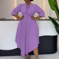 SC Plus Size 3/4 Sleeve Tie Up Press Pleated Midi Dress GCZF-8639