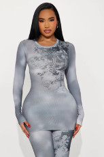 SC Print Long Sleeve Slim Micro Flare Pants Suit GBGF-258301