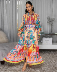 SC Colorful Printed Casual Belt Long Dress XHXF-974