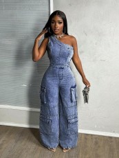 SC Single Shoulder Washed Loose Denim Jumpsuit LX-3583