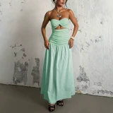 SC Solid Color Wrap Chest Hollow Out Maxi Dress SUM-YJ24627PFO