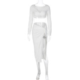 SC Long Sleeve V Neck Split Skirt 2 Piece Set LJSF-S3713419W