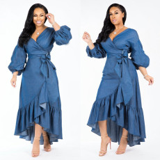 SC Ruffles Lantern Sleeve V-neck Denim Midi Dress FYWF-DF0617