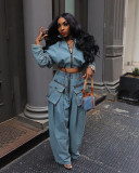 SC Casual Loose Zipper Denim Two Piece Pants Set GZCF-30059